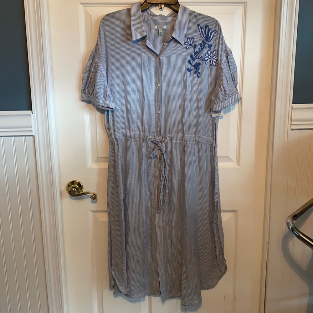 Susina Striped Button Down Shirt Dress/Cover Up White Blue Size Large